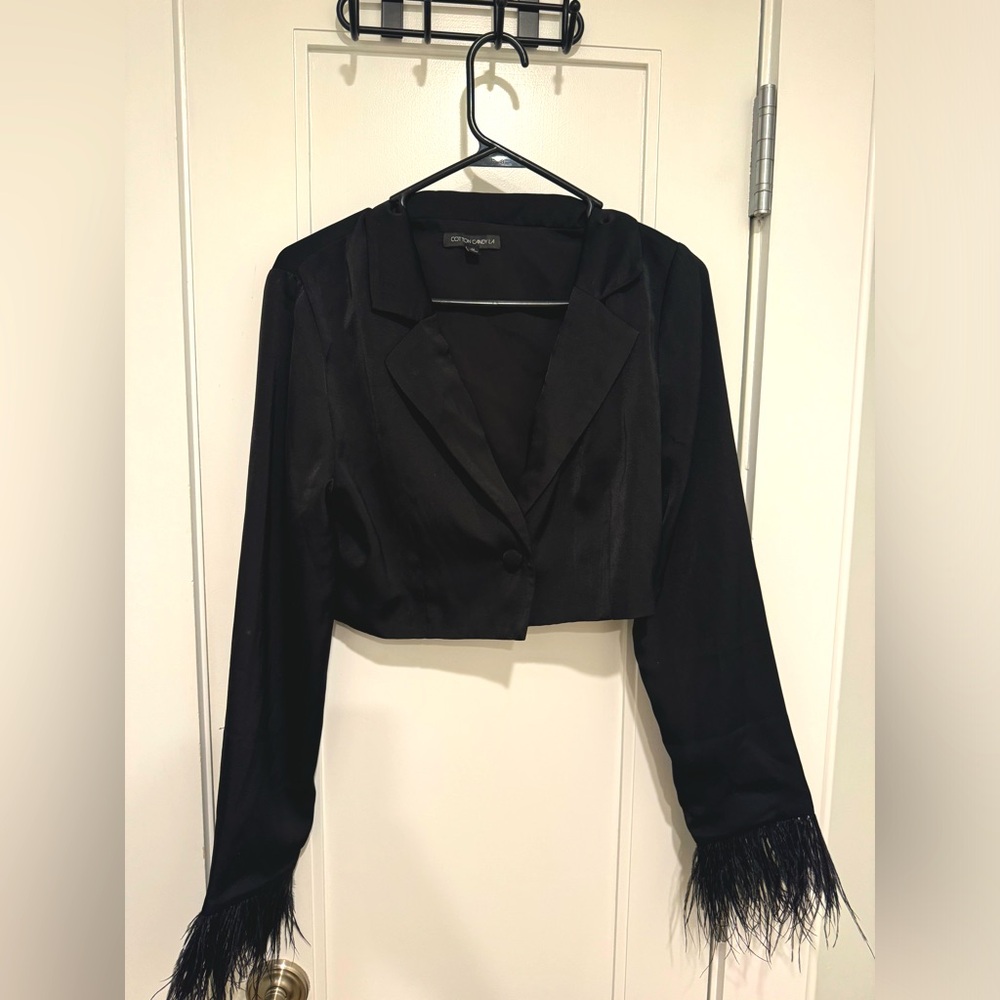 Feather Trim Blazer Crop Top